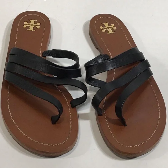 Tory Burch Black Leather Flat Strappy Women's Sandals Size 6.5M - Picture 1 of 7